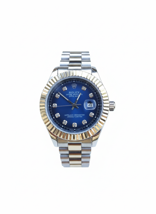 Rolex watch with blue dial and two-tone metal band on a white background