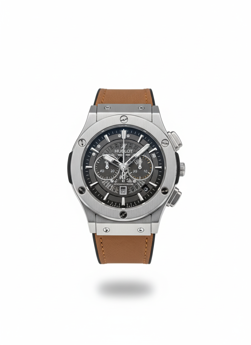 Hublot watch with brown leather strap on a white background