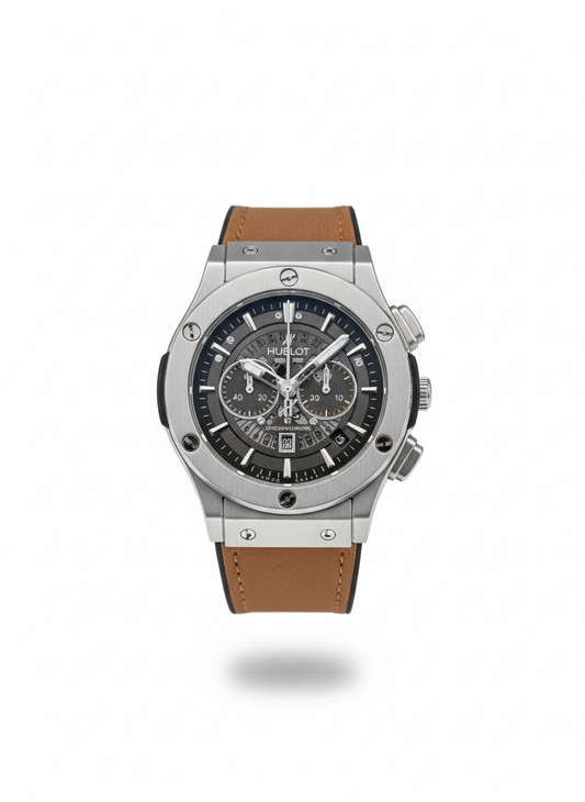 Hublot watch with brown leather strap on a white background