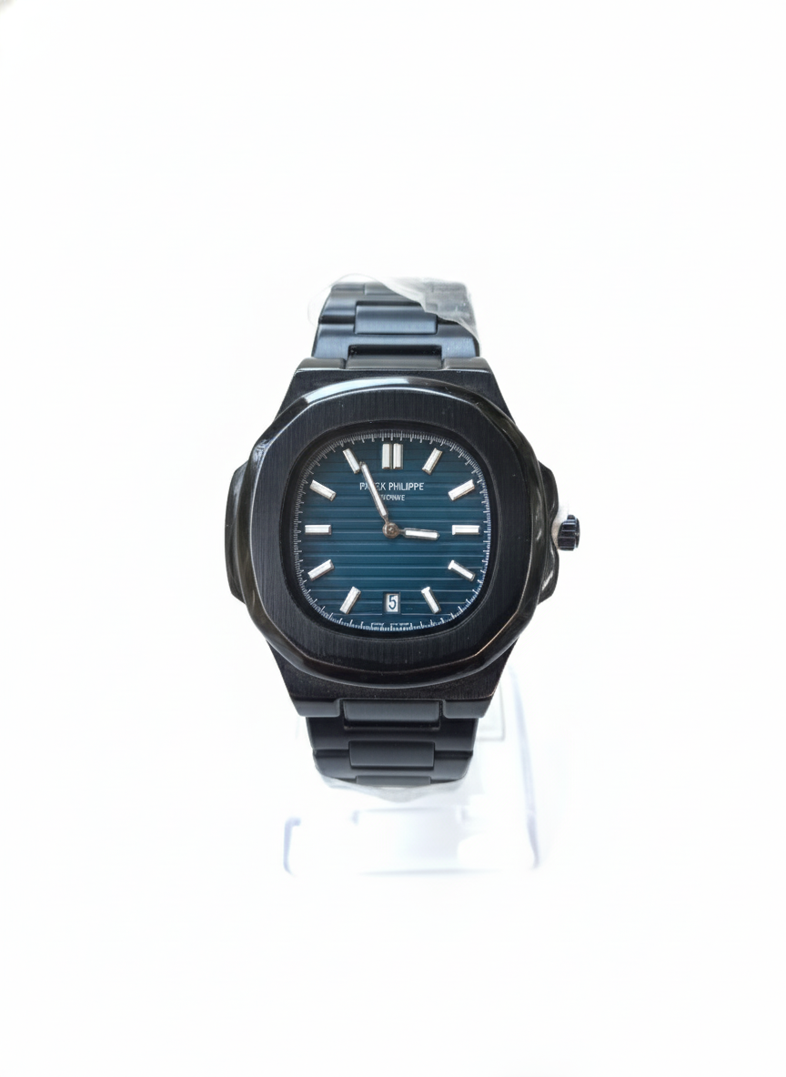 Patek Philippe Nautilus Black Stainless Steel Watch with Blue Dial