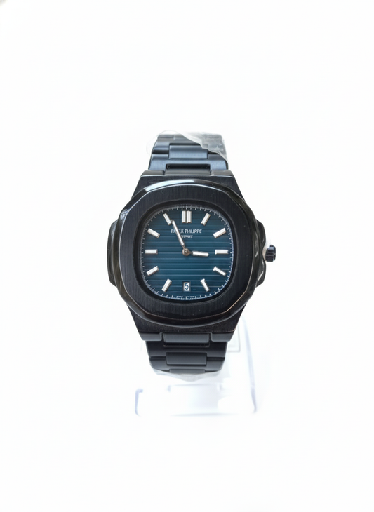 Patek Philippe Nautilus Black Stainless Steel Watch with Blue Dial