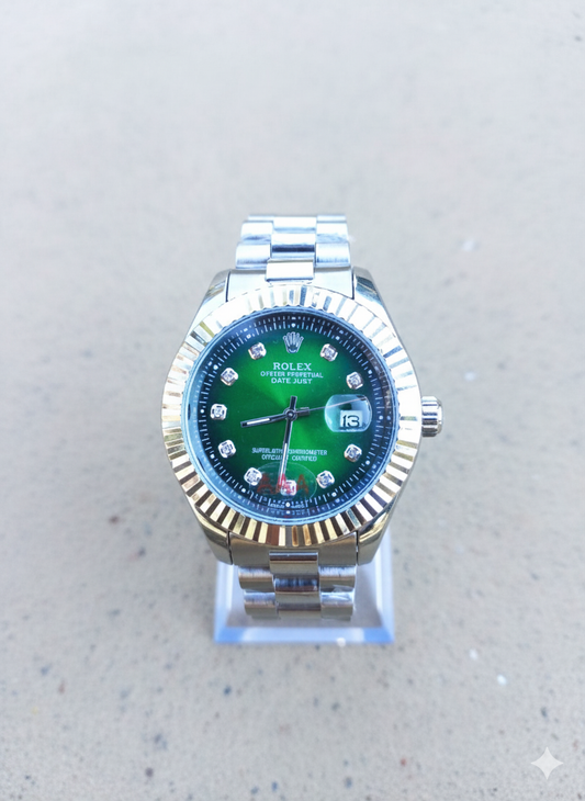 Rolex watch with green face and silver case on a light gray background