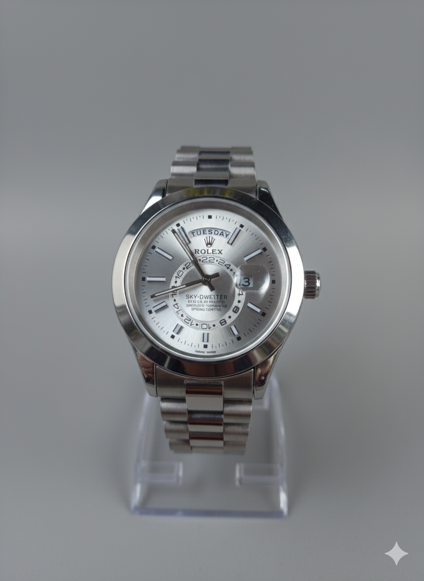 Silver watch on a clear stand against a gray background
