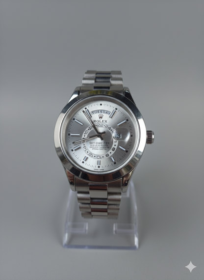 Silver watch on a clear stand against a gray background