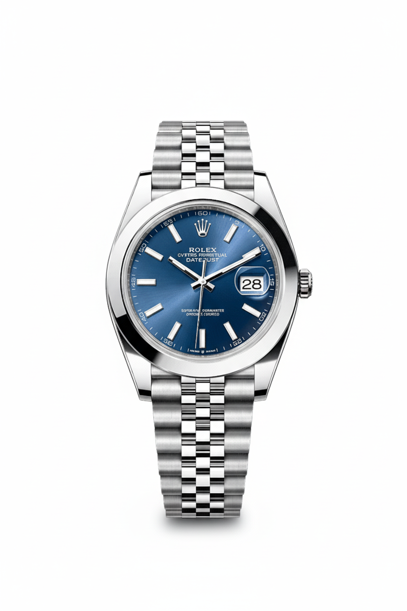 Silver watch with a blue face on a white background