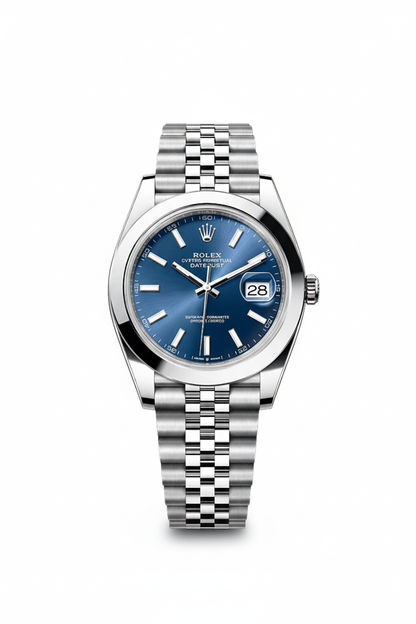 Silver watch with a blue face on a white background