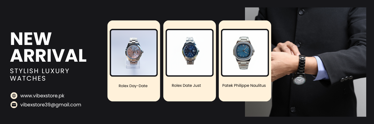 Three watches displayed on cards with a person wearing a watch, all branded as Vito Store, on a black background.
